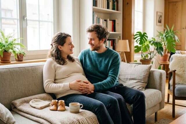 Werdende Eltern auf dem Sofa, daneben Babyschuhe und eine Mütze